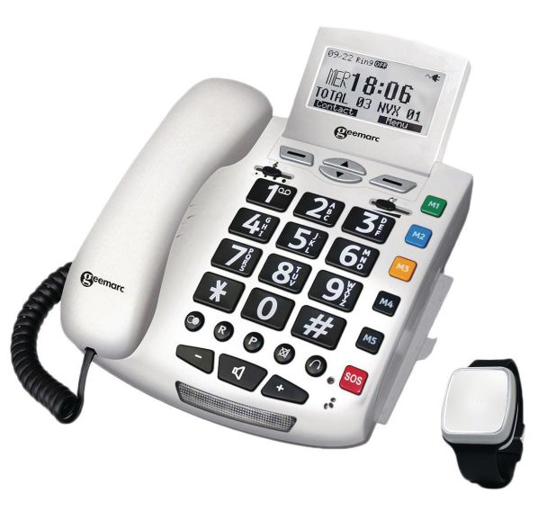 Téléphone filaire multifonction avec bracelet alarme avec détection de chute - Geemarc