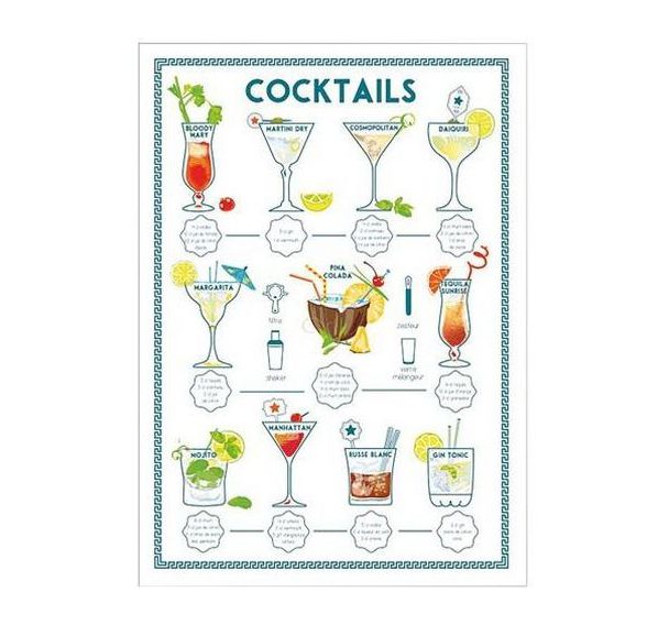 Torchon 100% coton cocktails assortis - 50 x 70 cm