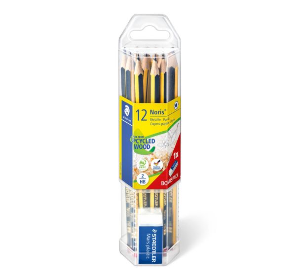 Tube 12 crayons noirs Noris Staedtler HB + 1 gomme offerte