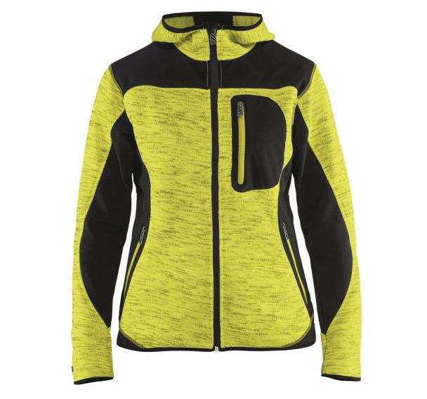 Veste tricotée à capuche femme jaune fluorescent/noir