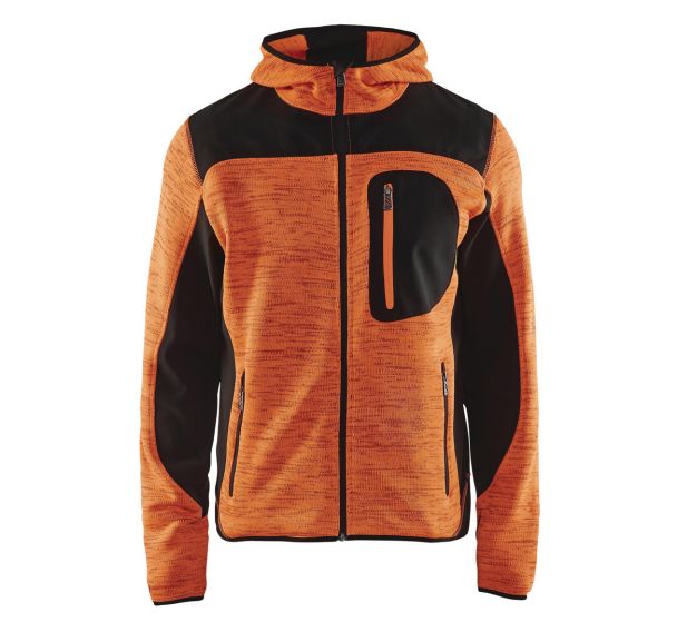 Veste tricotée à capuche orange fluorescent/noir