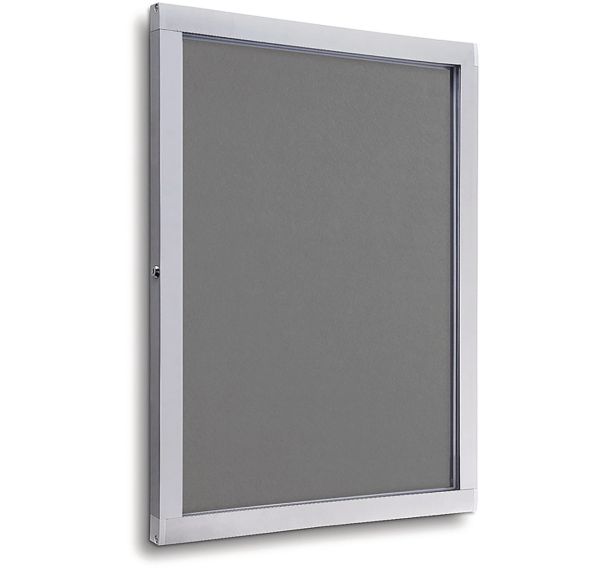 Vitrine d´intérieur avec angles sécurisés, fond feutre gris