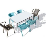 1 table jardin Meet 160x90cm blanche+4 fauteuils marine+2 taupe
