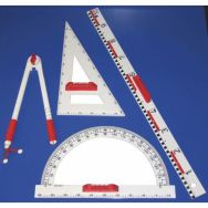 Ensemble plastique aimante comprenant : 1 règle 1 m, 1 équerre 60°,  1 rapporteur 180°, 1 compas 45 cm, à 3 pieds rotatifs.