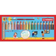 Etui carton 18 crayons couleurs assorties gros module Woody + 1 taille crayons en plastique gros module + 1 pinceau offerts