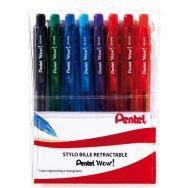 Pochette 8 stylos bille rétractable grip pointe 1 mm - bleu, noir, rouge, vert, orange, rose, violet, bleu ciel
