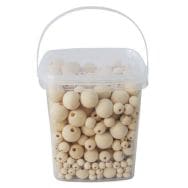 Seau de 600 perles rondes bois naturel, tailles assorties