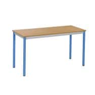 Table Basic 130 x 50 cm T6, chants alaisés, plateau hêtre, piètement bleu
