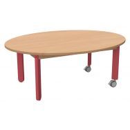 Table Lili avec roulettes, plateau ovale hêtre, piétement bois couleur