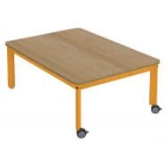 Table Lili avec roulettes, plateau rectangulaire hêtre, piétement bois couleur