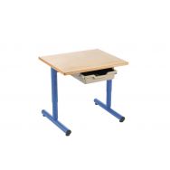 Table réglable Chloé forme rectangulaire pied dégagement latéral, plateau hêtre avec tiroir