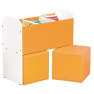Bac à livres et poufs Confetti bouleau/orange