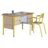 Chaire 2 tiroirs + caisson, hêtre, chants alaisés + fauteuil de maître, jaune