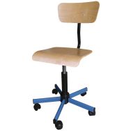 Chaise réglable de 43 à 63 cm par vérin à gaz, piétement bleu sur roulettes
