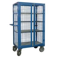 Chariot haut grillagé à portes 5 étagères 500 kg 1000 x 700 mm bleu