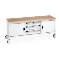 Etabli roulant monobloc Cubio - plateau hêtre 2 portes et tiroir - Bott