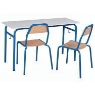 Lot 15 tables Romane chants plaqués 130 x 50 cm + 30 chaises Etude, T6, bleu