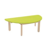 Table Lili demi-ronde, plateau couleur, piétement bois hêtre