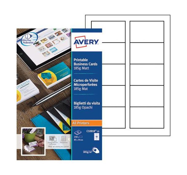 250 Cartes de visite - Bords microperforés - 85 x 54 mm - 185 g/m