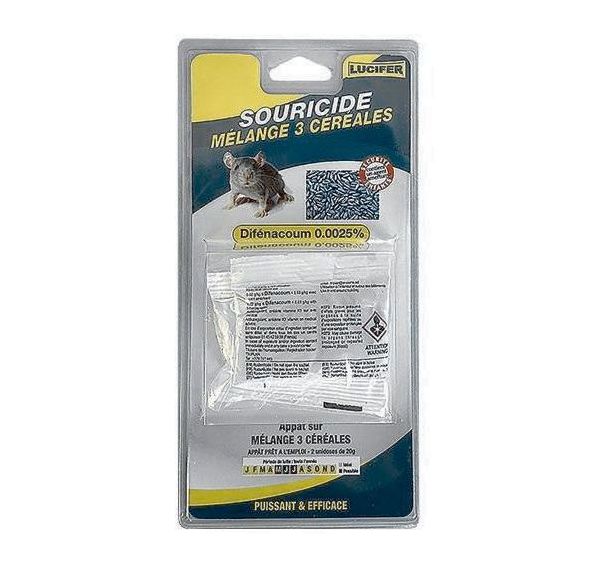 Appât 3 céréales souricide difénacoum - 20g - Lucifer - 2 pièces