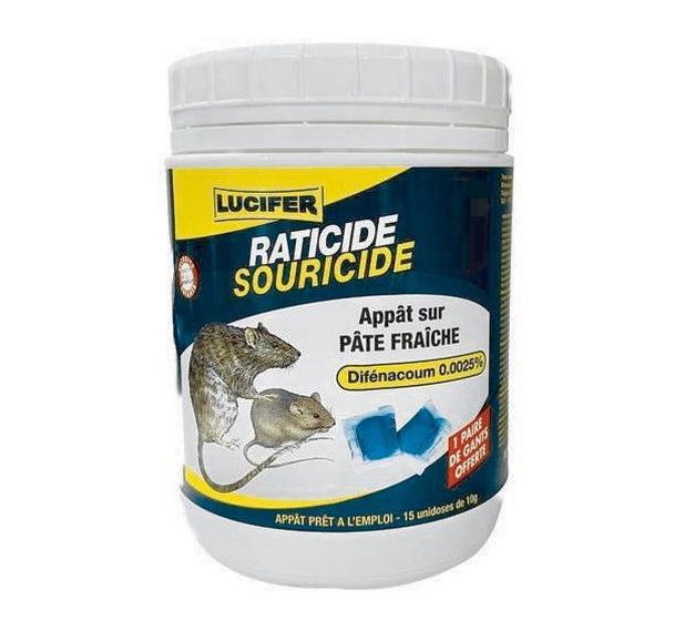 Appât pâte fraiche rats souris - Difénacoum 0,0025% - 10g - Lucifer - 15 pièces