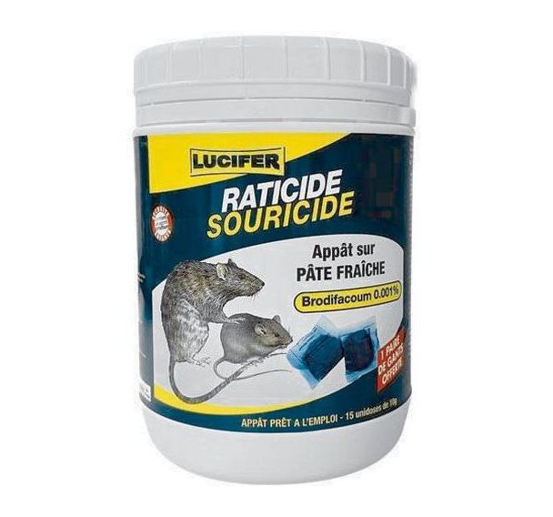 Appât pâte fraiche rats souris - Difénacoum 0,005% - 10g - Lucifer - 15 pièces