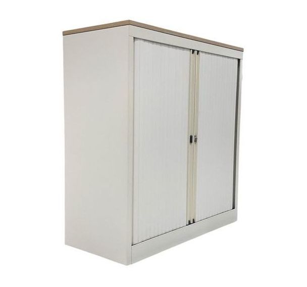 Armoire basse reconditionnée – Ouverture à rideaux - Blanche