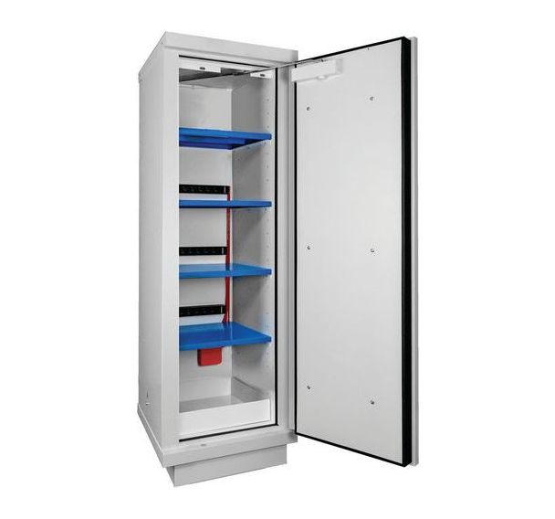 Armoire blanche haute LITHIUM 1 porte 4 étagères 4 rack 8 prises