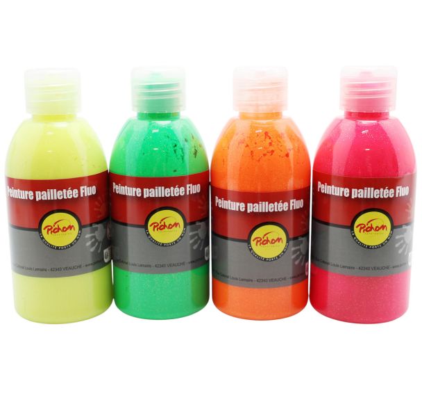 Assortiment 4 flacons 250 ml peinture pailletée fluo pichon