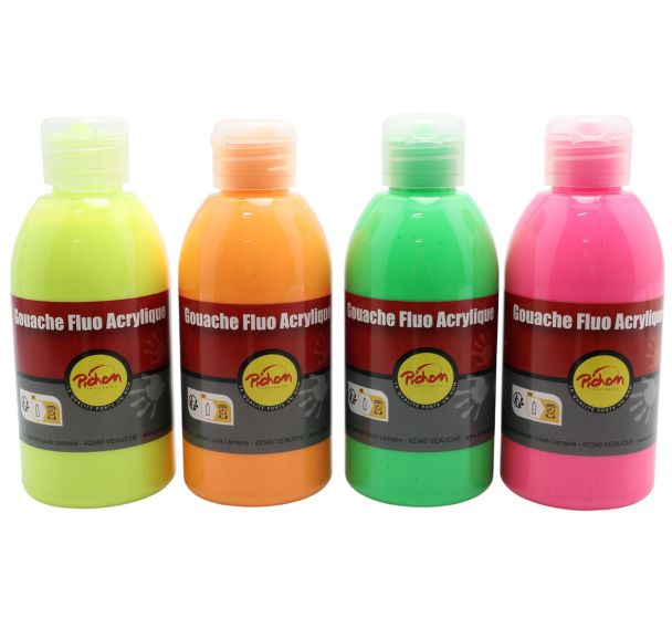 Assortiment de 4 flacons 250 ml gouache acrylique fluo Pichon