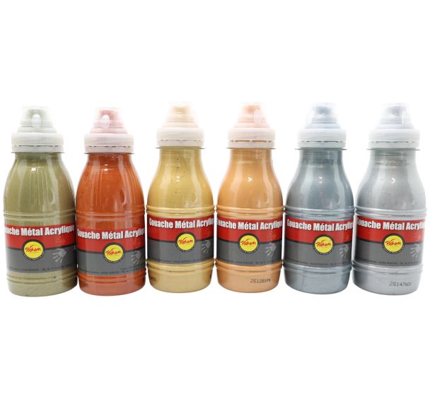 Assortiment de 6 flacons 250 ml. gouache métal pichon