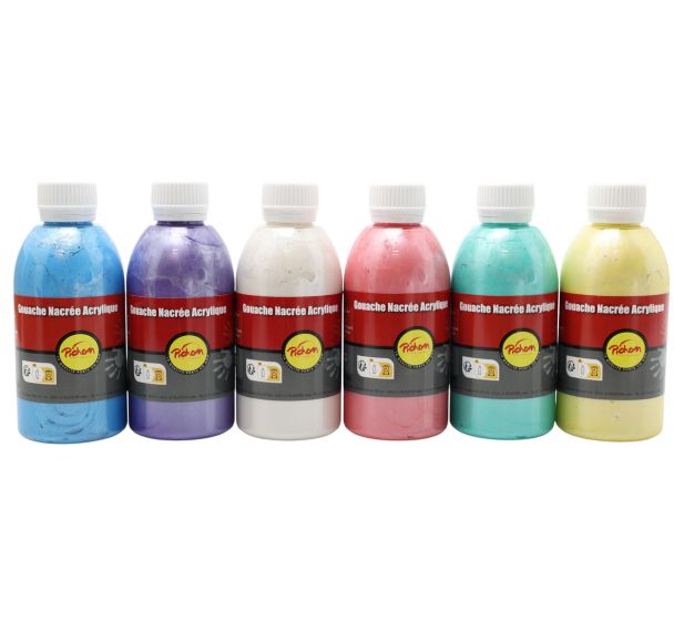 Assortiment de 6 flacons de 250 ml de  gouache acrylique nacrée pichon