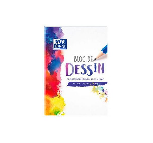 Bloc-notes dessin A4 Oxford Réglure Unie Blanche 100 Pages Collé Côté Couverture Colorée