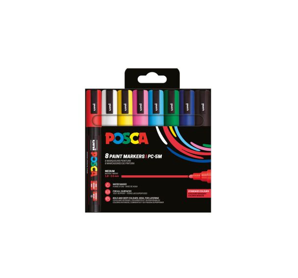 Boîte 8 marqueurs Posca assortis, pointe conique moyenne 2.5 mm