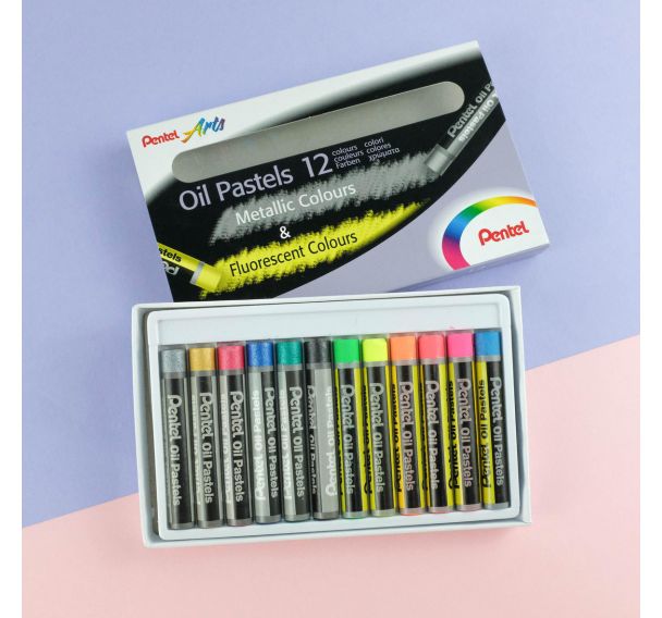 Boite de 12 Pastels à l'huile : 6 fluos et 6 métallisées 8mm