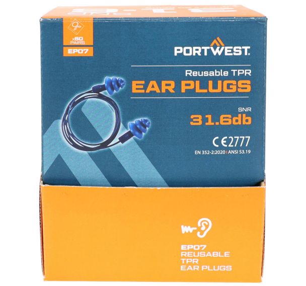Bouchons d'oreille TPR détectable avec cordon - Portwest (Lot de 50)