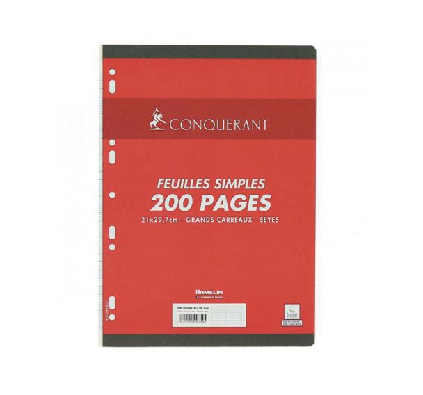 CONQUERANT Feuilles Simples A4 Grands Carreaux Seyès 200 Pages Sous Film Blanches