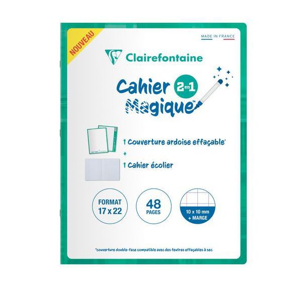 Cahier Magique couverture ardoise double face effaçable piqué blanc 17x22 48p Q.10/10 + marge