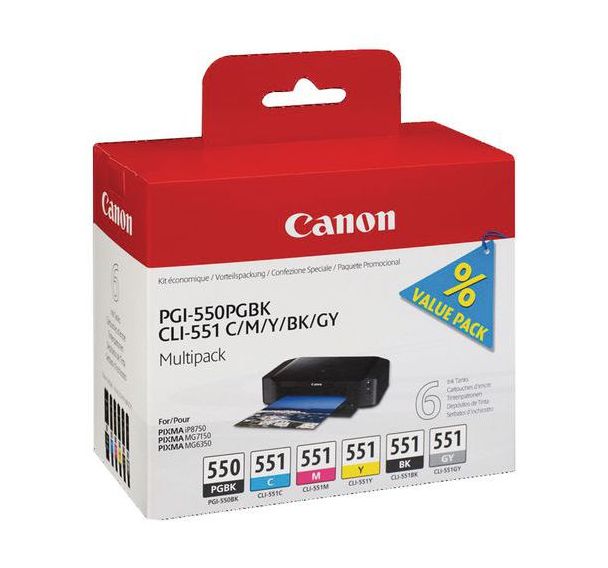 Multipack cartouches jet d'encre PGI-550/CLI-551 PGBK/C/M/Y/BK/GY - Canon