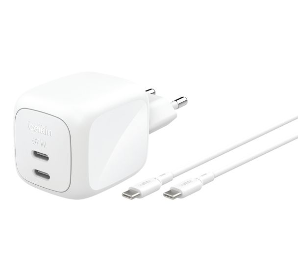 Chargeur secteur GaN 65W 2xUSB-C pour PC portable+câble 2 m- Belkin