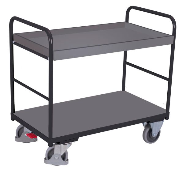 Chariot ergonomique 2 plateaux bois - Barres verticales- Capacité 250 kg
