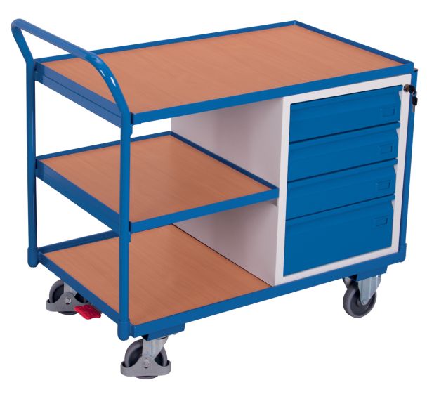 Chariot ergonomique 3 plateaux bois et bloc-tiroirs - Capacité 250 Kg