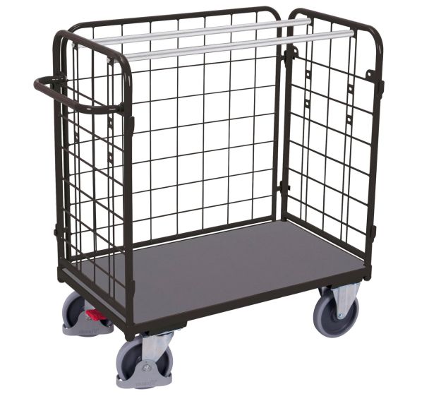 Chariot grillagé bas pour colis avec 3 parois