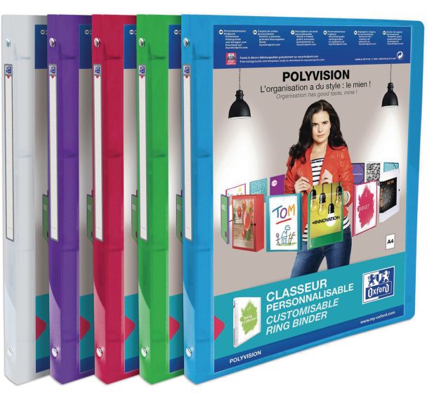Classeur Oxford Polyvision A4 Dos 20mm 4 anneaux Polypro - Assorti