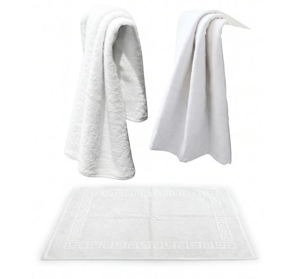 Ensemble toilette de bain : 1 drap de bain 1 serviette 1 tapis de bain blanc