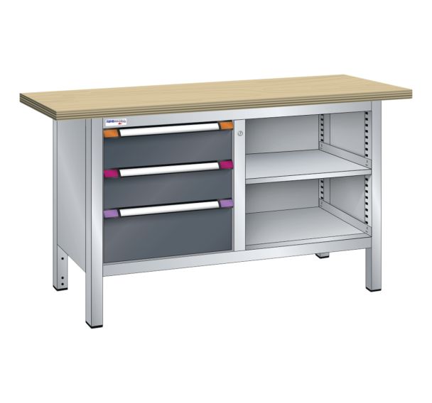 Établi compact hêtre 150x70x85 cm 2 étagères 3 tiroirs - Thurmetall