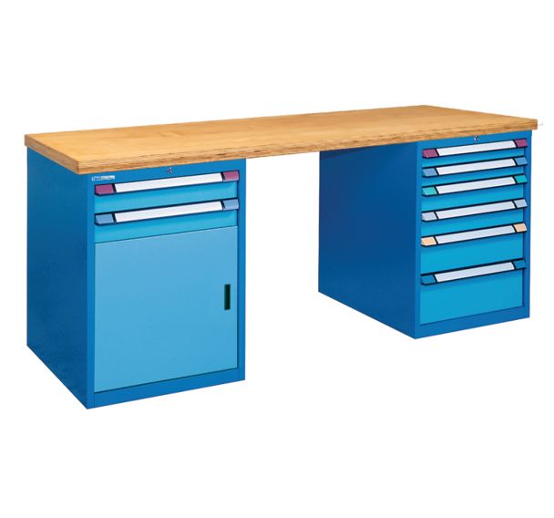 Etabli multiplex 8 tiroirs 200 x 70 x 84 cm 1 porte bleu pigeon/bleu clair