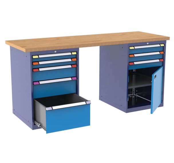 Etabli multiplex 8 tiroirs 200x70x94 cm 1 porte bleu pigeon/bleu clair