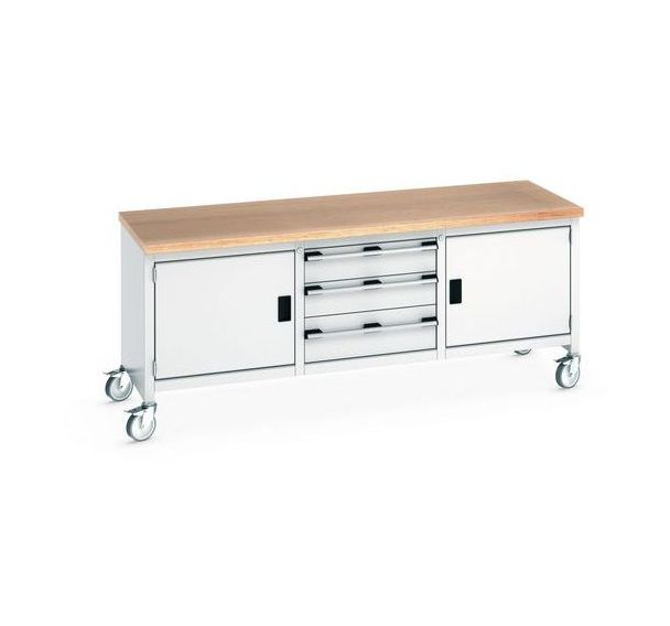 Etabli roulant monobloc Cubio - plateau hêtre 2 portes et tiroir - Bott