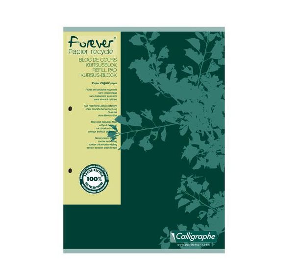 FOREVER, Bloc de cours A4 200p perfo 2 trous L8mm+M 70g recyclé